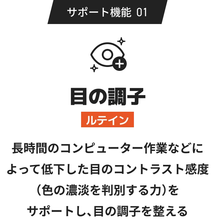 サポート機能01 【目の調子】ルテイン 長時間のコンピューター作業などによって低下した目のコントラスト感度（色の濃淡を判別する力）をサポートし、目の調子を整える