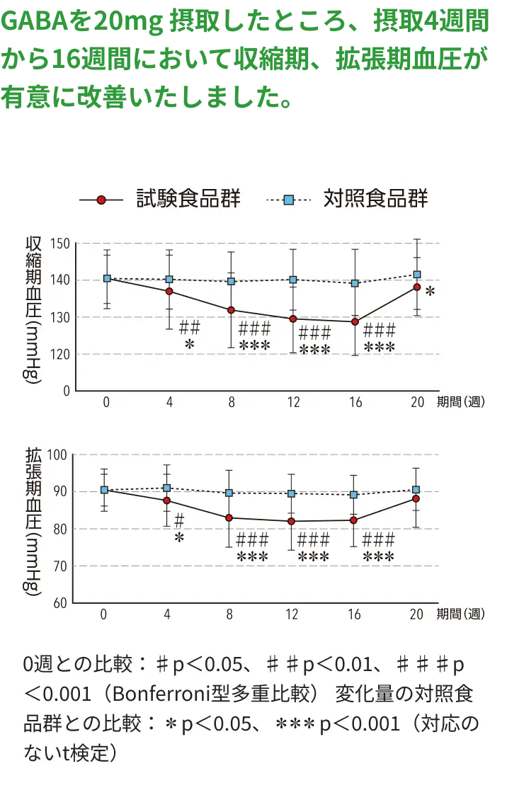 GABAを20mg 摂取したところ、摂取4週間から16週間において収縮期、拡張期血圧が有意に改善いたしました。 収縮期血圧（mmHg）・拡張期血圧（mmHg） 0週との比較：♯p＜0.05、♯♯p＜0.01、♯♯♯p＜0.001（Bonferroni型多重比較） 変化量の対照食品群との比較：＊p＜0.05、＊＊＊p＜0.001（対応のないt検定）